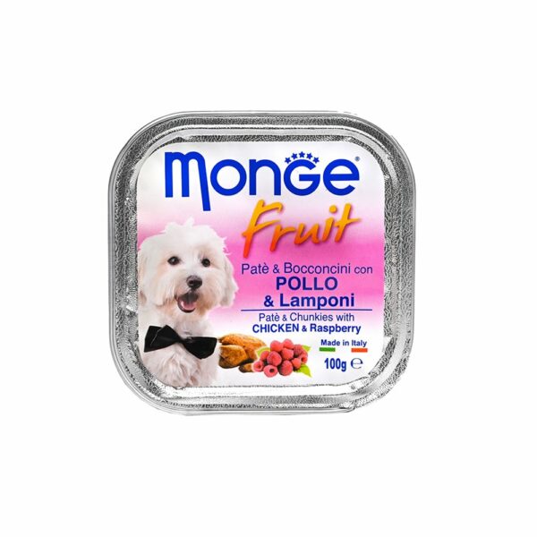 PET FOOD - MONGE FRUIT DOG FOOD - PATE  WITH CHUNKS CHICKEN &  RASPBERRY *100GR